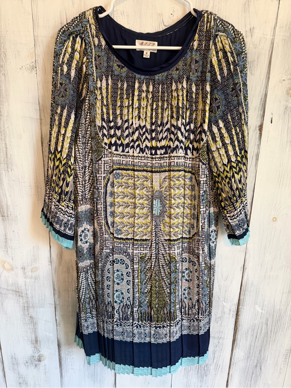 MSSP Navy, Yellow & Teal Patterned Long Sleeve Dress